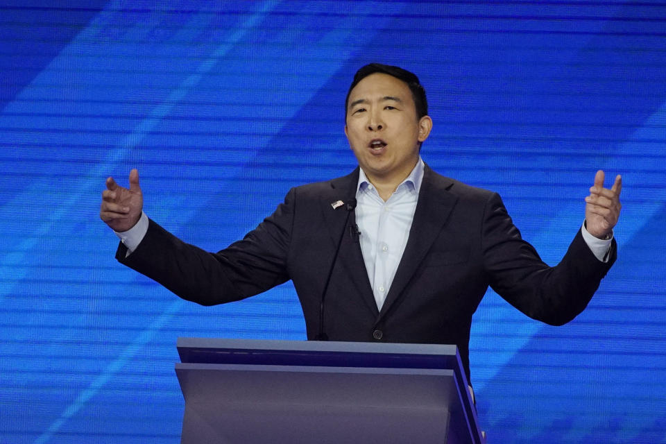 Democratic presidential candidate entrepreneur Andrew Yang speaks Thursday, Sept. 12, 2019, during a Democratic presidential primary debate hosted by ABC at Texas Southern University in Houston. (AP Photo/David J. Phillip)