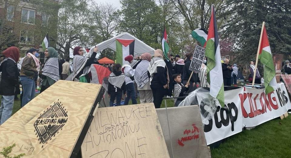 Protesters gather at the University of Wisconsin-Milwaukee to express their frustration with the Israel-Hamas war Thursday. Student protesters around the country have demanded colleges cut financial ties to Israel.