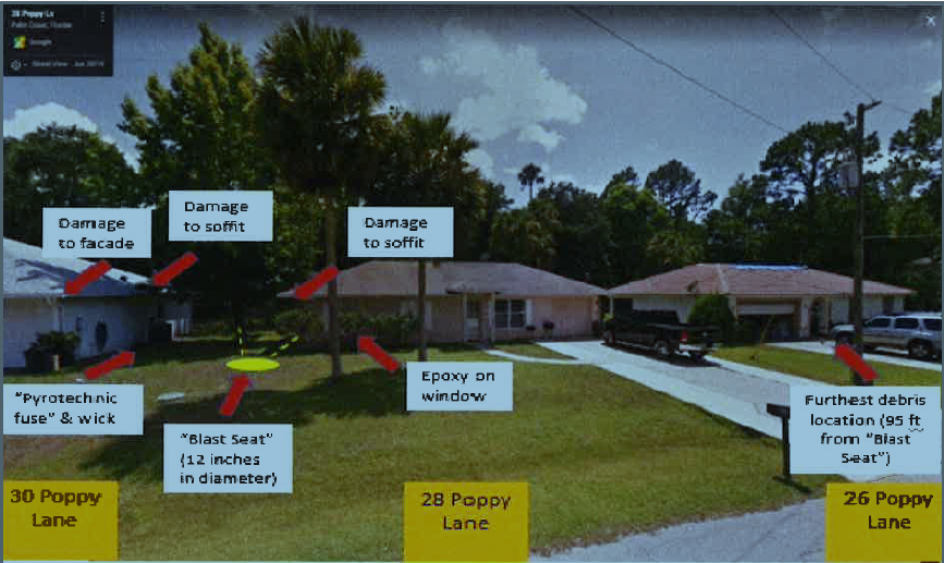 Image shows area around 28 and 30 Poppy Lane in Palm Coast where the Flagler County Sheriff's Office says nearby resident, Jason Burns, set off a pipe bomb on Jan. 27, 2022.