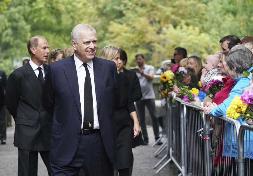 Britain's Prince Andrew and other members of the Royal family speak to well-wishers, following the death of Queen Elizabeth II on Thursday, at Balmoral, Scotland, Saturday, Sept. 10, 2022. (Owen Humphreys/Pool Photo via AP)