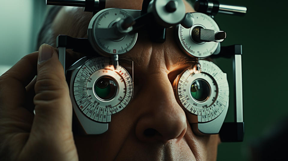 A doctor examining a patient's eyes with an ophthalmic medical device.