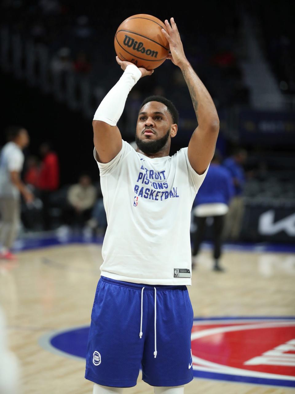 Detroit Pistons guard Monte Morris (5) goes through shooting drills during open practice held for fans at Little Caesars Arena, Sunday, Oct. 15. 2023.