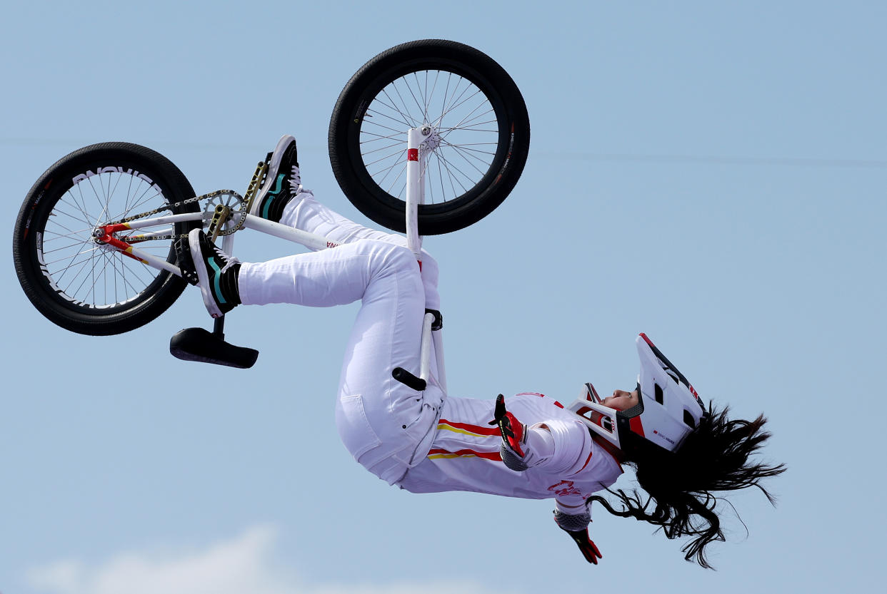 Yawen Deng of Team People's Republic of China competes during the BMX Freestyle Women's Park Final - Round 2 on day five of the Olympic Games Paris 2024 at Place de la Concorde on July 31, 2024 in Paris, France. (Alex Broadway/Getty Images)