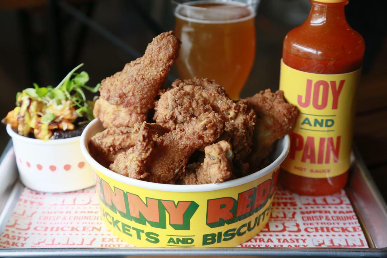 A bucket of fried chicken from Penny Red's, a takeaway chicken joint attached to The Brakeman beer hall at the Shinola Hotel in Detroit. Run by New York-based NoHo Hospitality, both spots debut March 25, 2019.