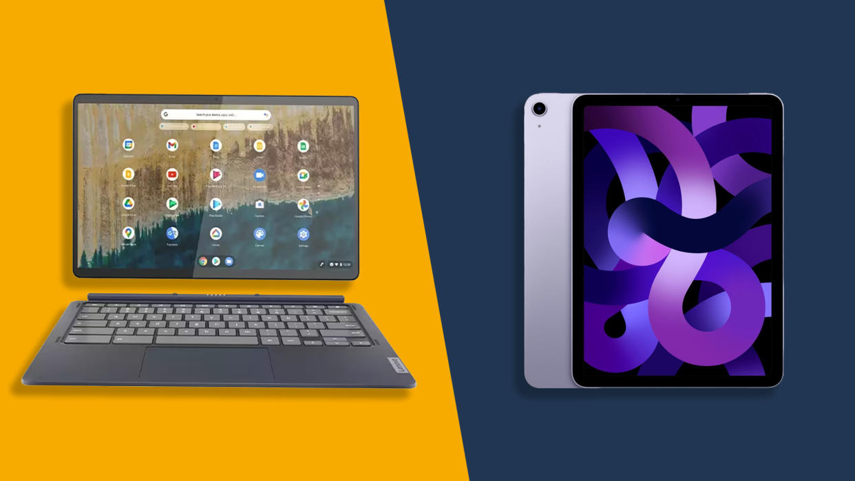  A Lenovo IdeaPad Duet 5 Chromebook vs Apple iPad Air against a two tone background. 