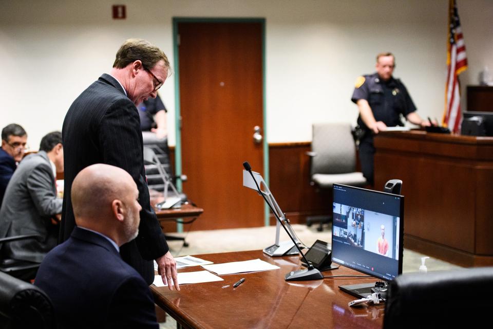 Solicitor Walt Wilkins makes his case to deny bond for Zachary David Hughes at the Greenville County Courthouse Wednesday, April 6, 2022.