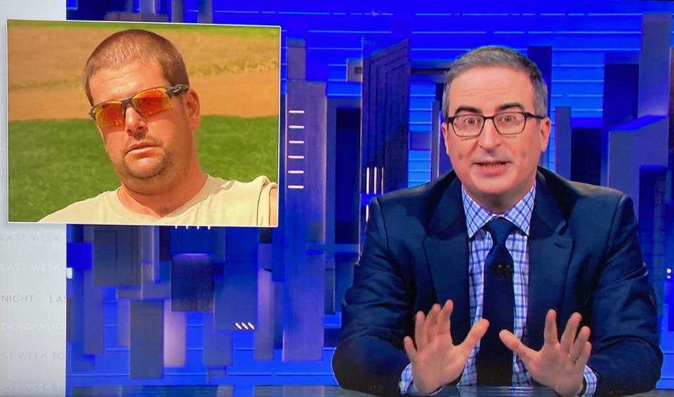 This screen shot of HBO's "Last Week Tonight," aired Nov. 7, shows host John Oliver talking about York County farmer Tim Jordan's (inset) opposition to a power line proposed by Transource that would have bisected Jordan's property.