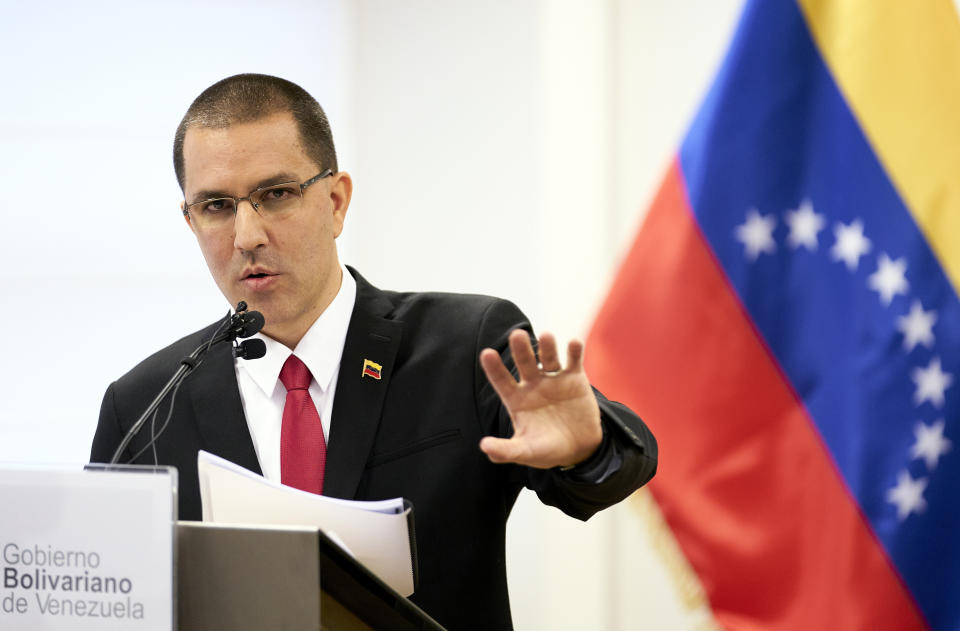 Venezuela's Foreign Minster Jorge Arreaza speaks during a press conference after visiting the International Criminal Court in The Hague, Netherlands, Thursday, Feb. 13, 2020. (AP Photo/Phil Nijhuis)