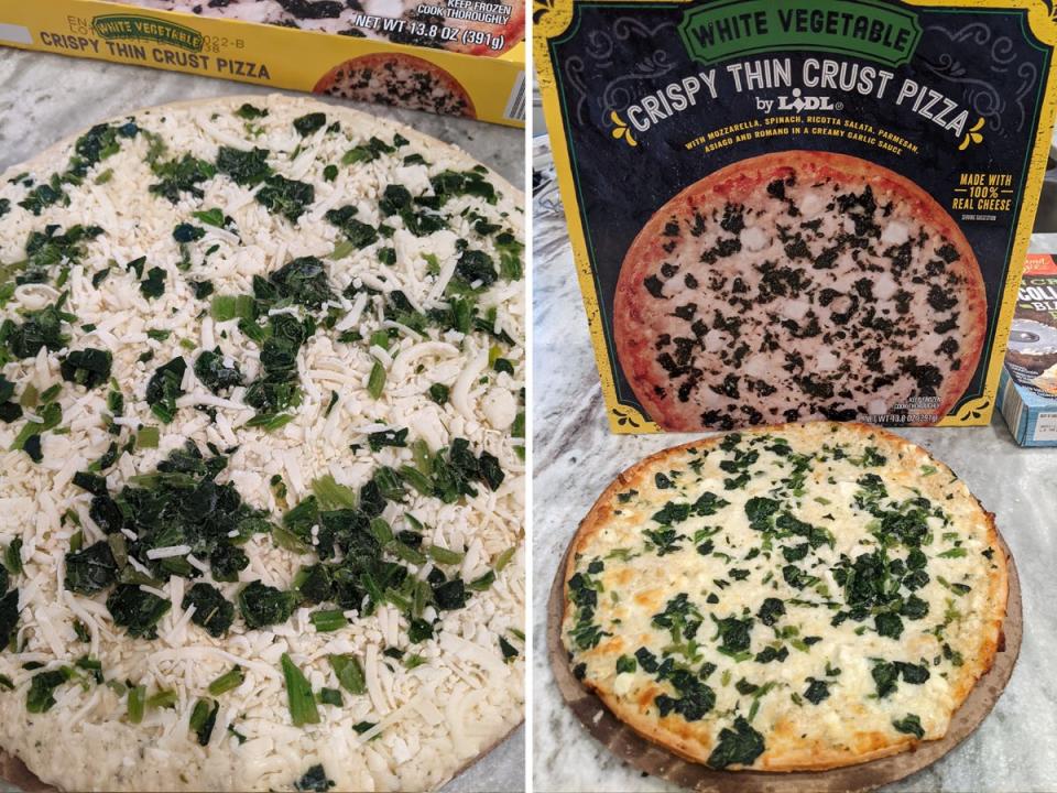 side by side photos of uncooked and cooked lidl white pizza