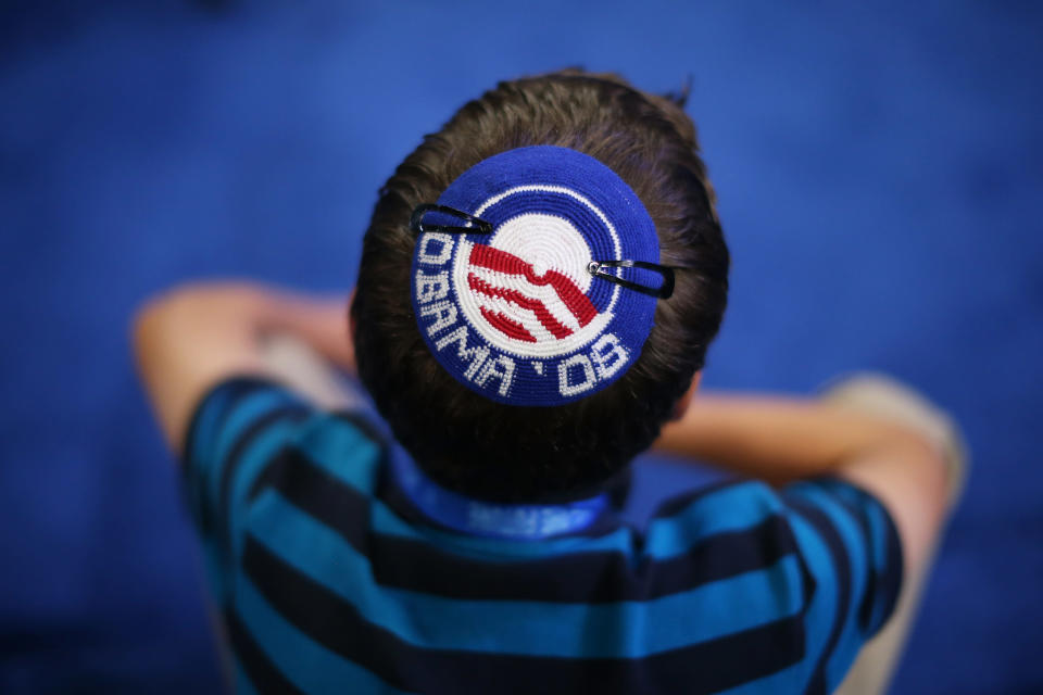 Joseph Block wears an Obama '08 yarmulke during day two of the Democratic National Convention at Time Warner Cable Arena on September 5, 2012 in Charlotte, North Carolina. (Photo by Justin Sullivan/Getty Images)