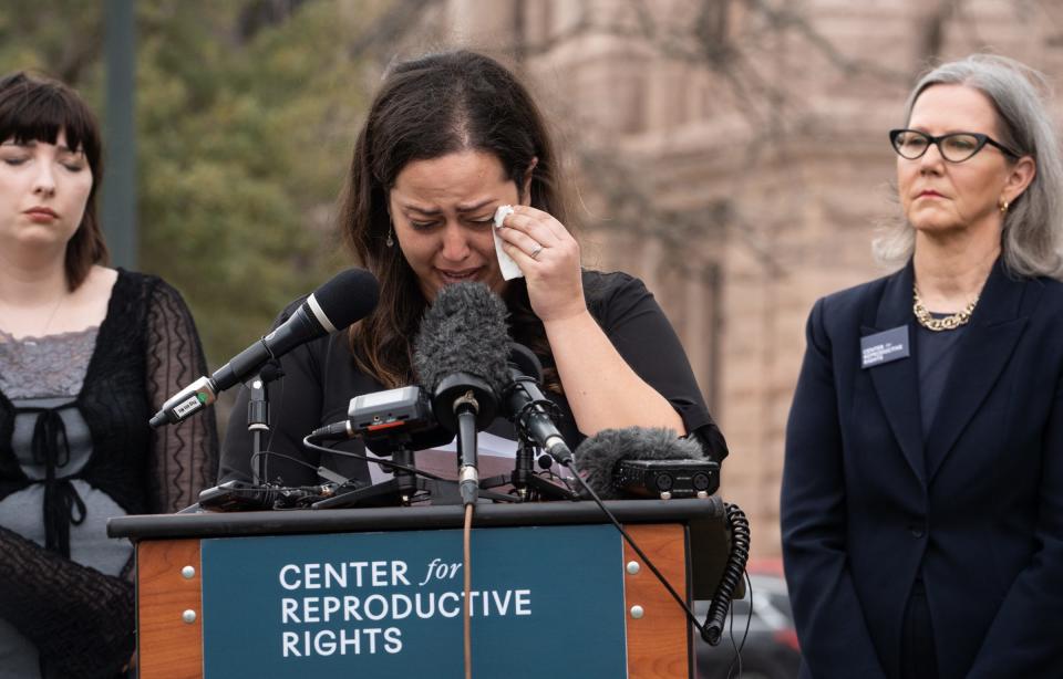 Anna Zargarian, one of five plaintiffs in Zurawski v. State of Texas, speaks in front of the Texas State Capitol in Austin, March 7, 2023 as the Center for Reproductive Rights and the plaintiffs announced their lawsuit, which asks for clarity in Texas law as to when abortions can be provided under the "medical emergency" exception in S.B. 8.