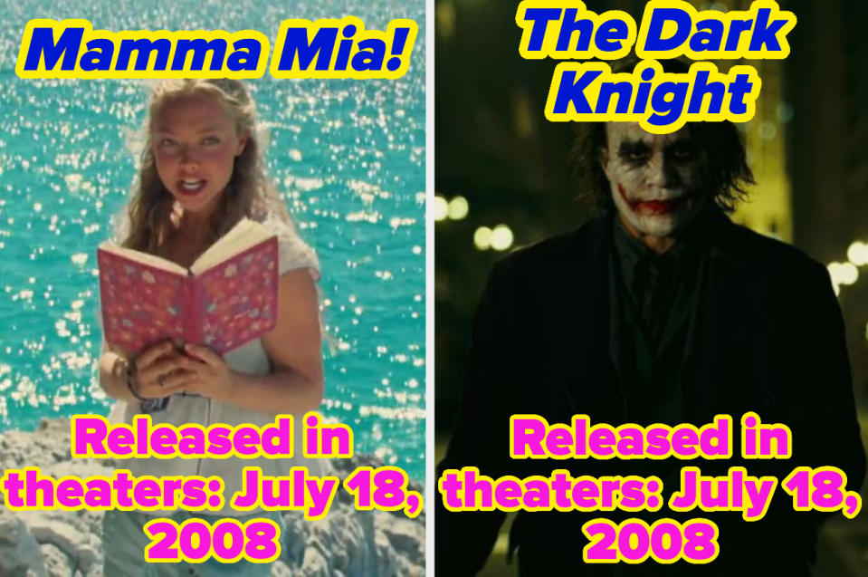 split image, where on the left, it reads "Mamma Mia, released in theaters on July 18, 2008" and on the right, "The Dark Knight, released in theaters on July 18, 2008"