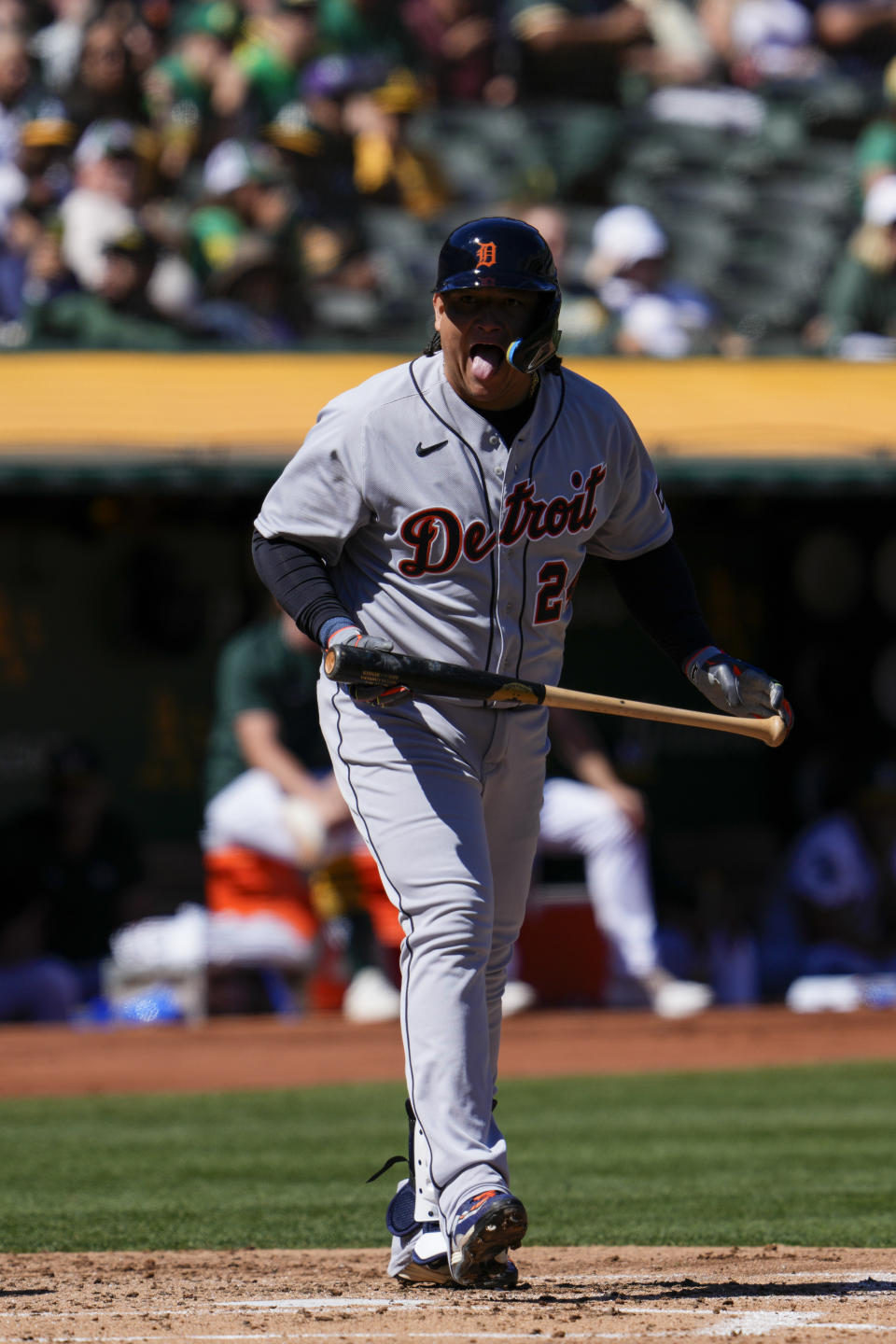 Detroit Tigers' Miguel Cabrera reacts after earning a walk during the third inning of a baseball game against the Oakland Athletics, Sunday, Sept. 24, 2023, in Oakland, Calif. (AP Photo/Godofredo A. Vásquez)