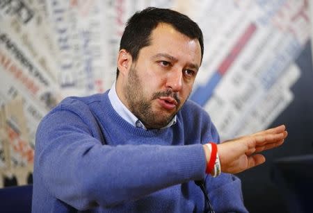 Northern League party leader Matteo Salvini gestures during a news conference at the Foreign Press Association in Rome, December 10, 2014. REUTERS/Tony Gentile