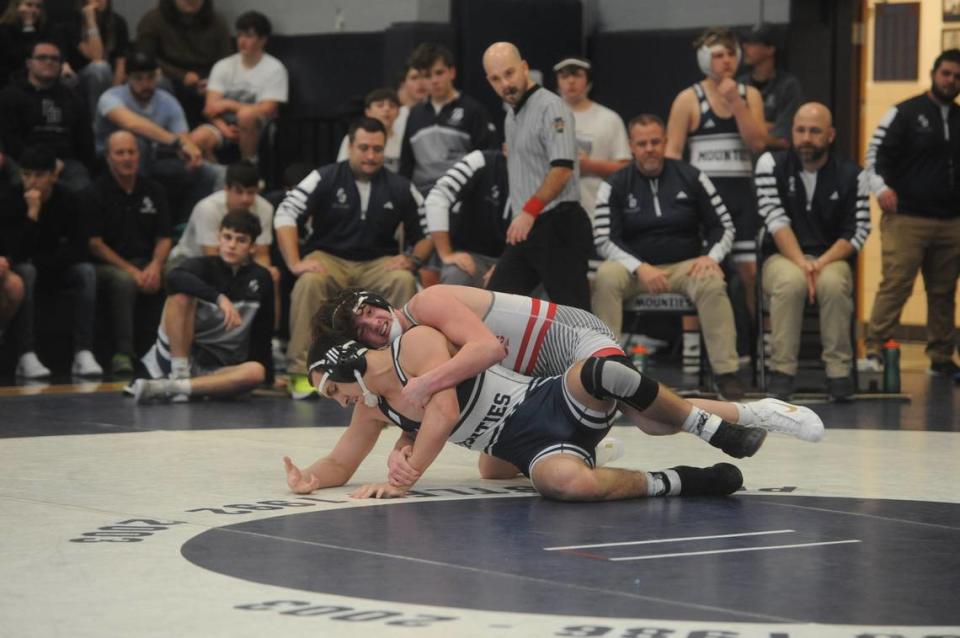 Bellefonte’s Grady Garrison controls Philipsburg-Osceola’s Andrew Hensal in their 189 pound bout of the Red Raiders’ 37-22 win on Saturday, Jan. 7, 2023 in the Mountaineer Duals at Philipsburg. Garrison edged Hensal, 2-0.