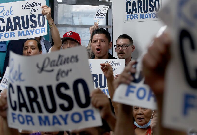 LOS ANGELES, CALIF. - AUG. 11, 2022.. Latino supporters of Los Angeles mayoral candidate Rick Caruso gather at a Nicaraguan restaurant in Los Angeles on Thursday, Aug. 11, 2022. L.A. City Councilman Gil Cedillo has endorsed Caruso's campaign. (Luis Sinco / Los Angeles Timesd)