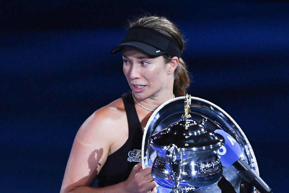 An emotional Danielle Collins of the United States speaks after her loss to Australia&#39;s Ashleigh Barty in the women&#39;s singles final at the Australian Open. (Photo by WILLIAM WEST/AFP via Getty Images)