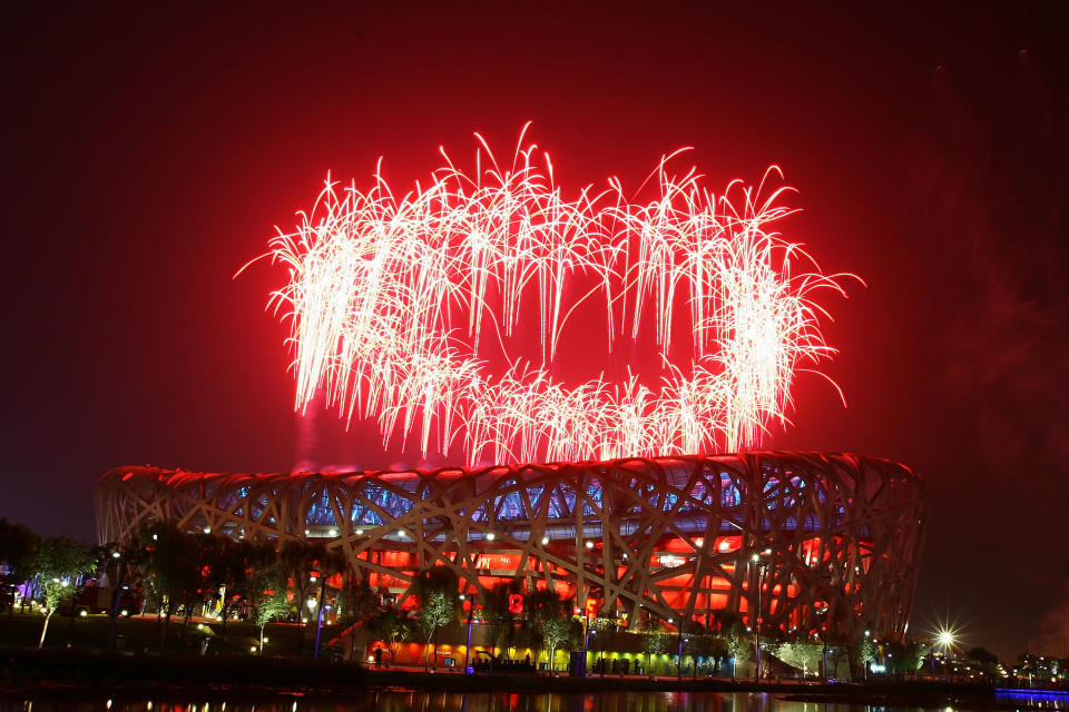 Fireworks go off during the Closing Ceremony for the Beijing 2008 Olympic Games. (Photo by Al Bello/Getty Images)