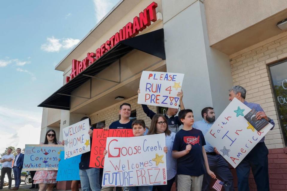 People wait for Tim Scott during a campaign stop at Alex’s Restaurant in Goose Creek on Friday April 14, 2023.