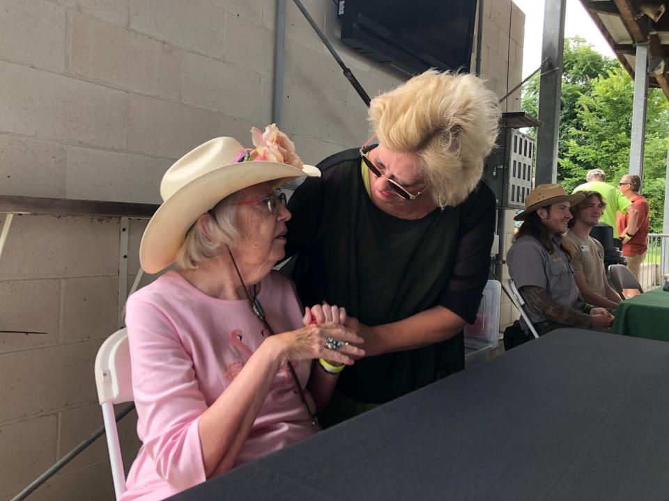 Julie Callahan, who wrote a letter to the Beacon Journal in 1950 asking for girls to be able to race in the Soap Box Derby, and Nancy Ferruccio, who competed in the derby the first year girls were eligible, meet for the first time Thursday.