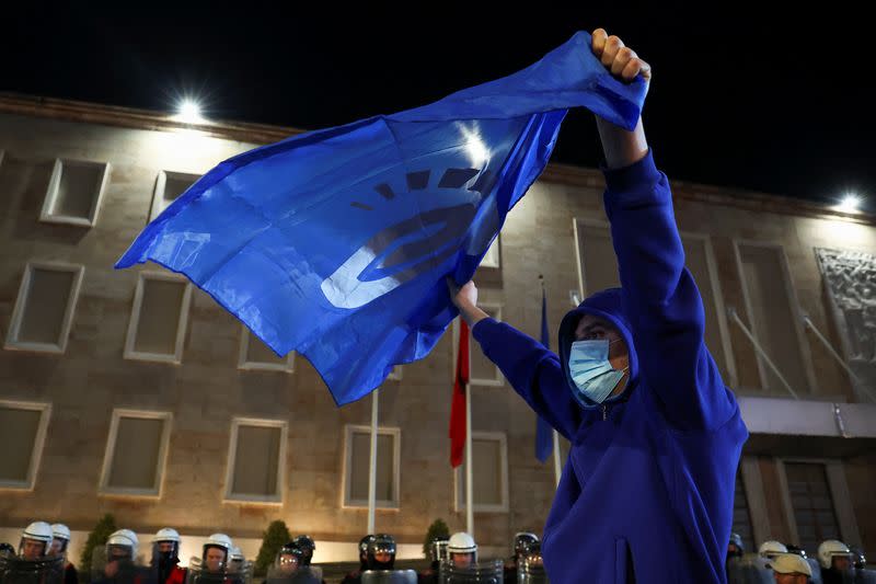 Supporters of the opposition attend an anti-government protest in front of Albanian PM Rama's office in Tirana