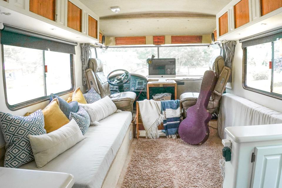 the renovated living room with couch in the walker family RV