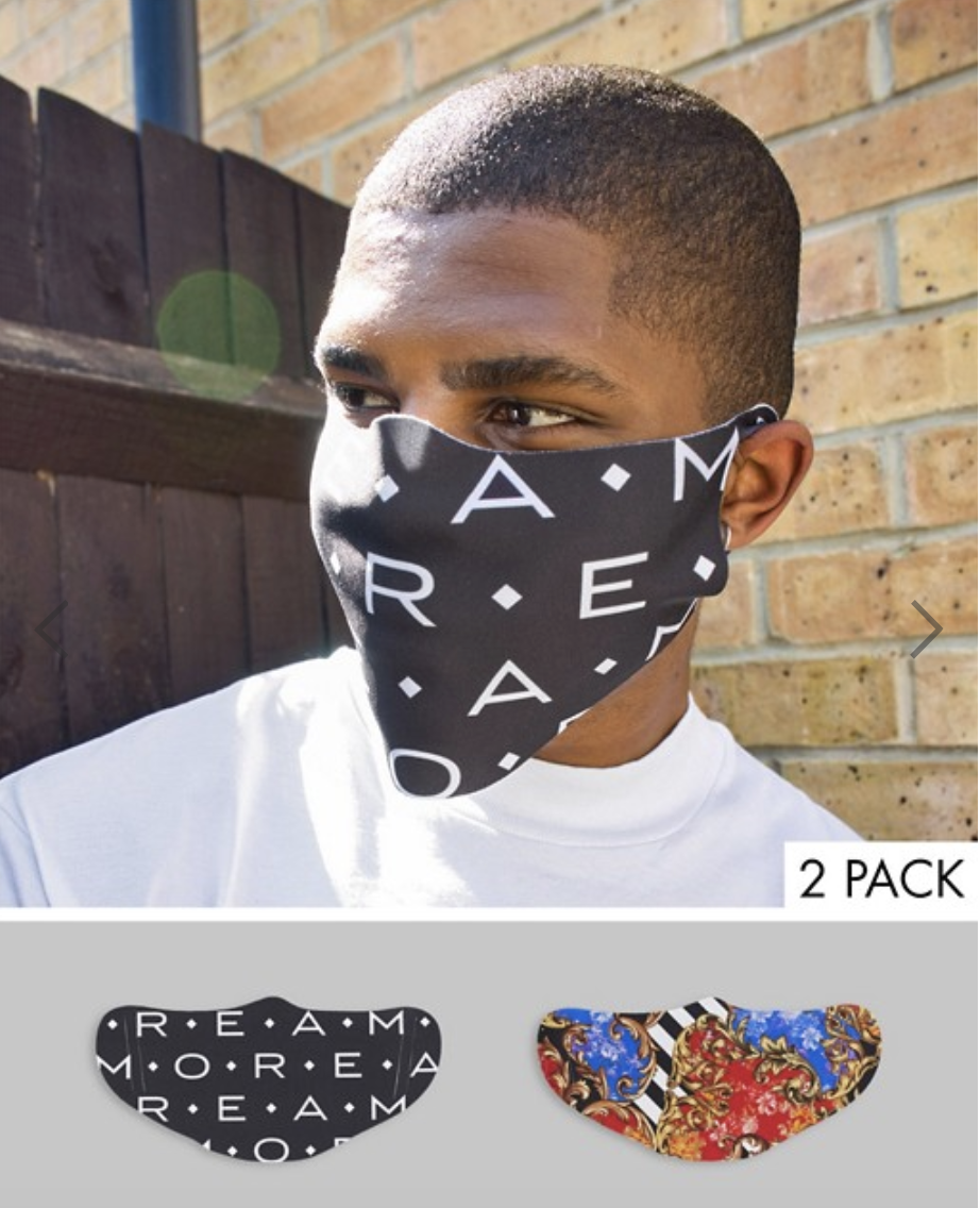 ASOS DESIGN 2 pack face-covering in baroque and slogan prints, US$19. PHOTO: ASOS