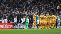 <p>The teams line up before kick off </p>
