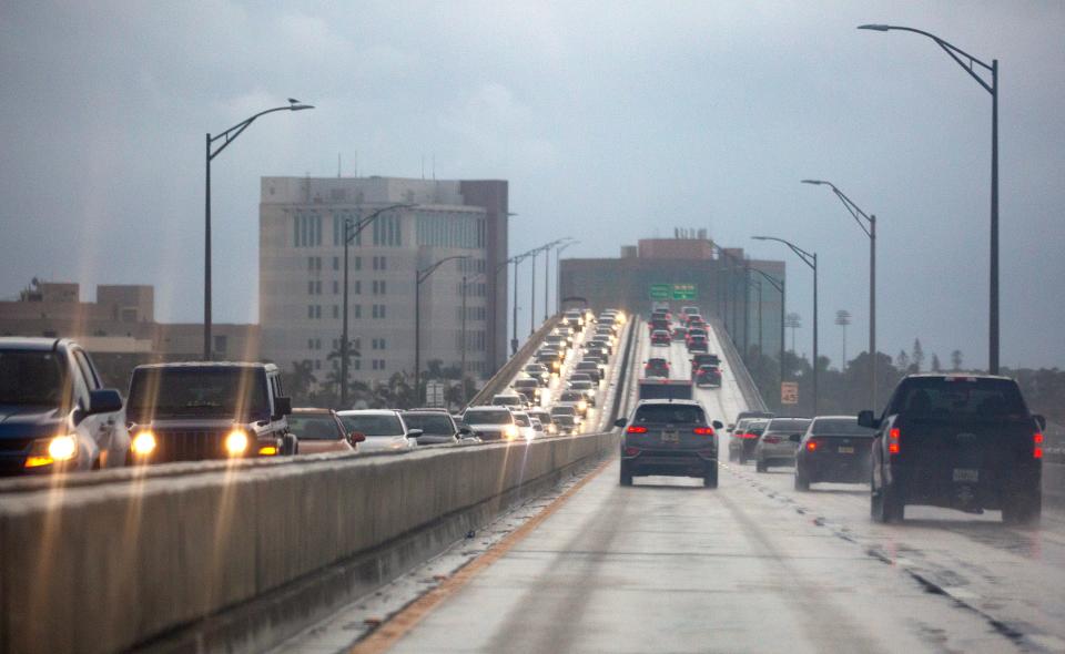 Traffic backs up over the Edison Bridge heading into North Fort Myers on Monday, Nov. 13, 2023.