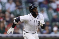 Detroit Tigers' Akil Baddoo singles in the fourth inning of a baseball game against the St. Louis Cardinals in Detroit, Tuesday, June 22, 2021. (AP Photo/Paul Sancya)