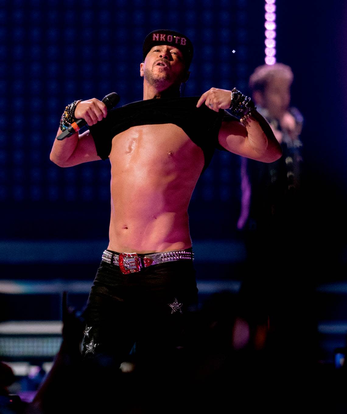 Donnie Walhberg shows off his famous torso with New Kids on the Block in concert on the “Mixtape 2022 Tour” at Raleigh, N.C.’s PNC Arena, Friday night, July 22, 2022.