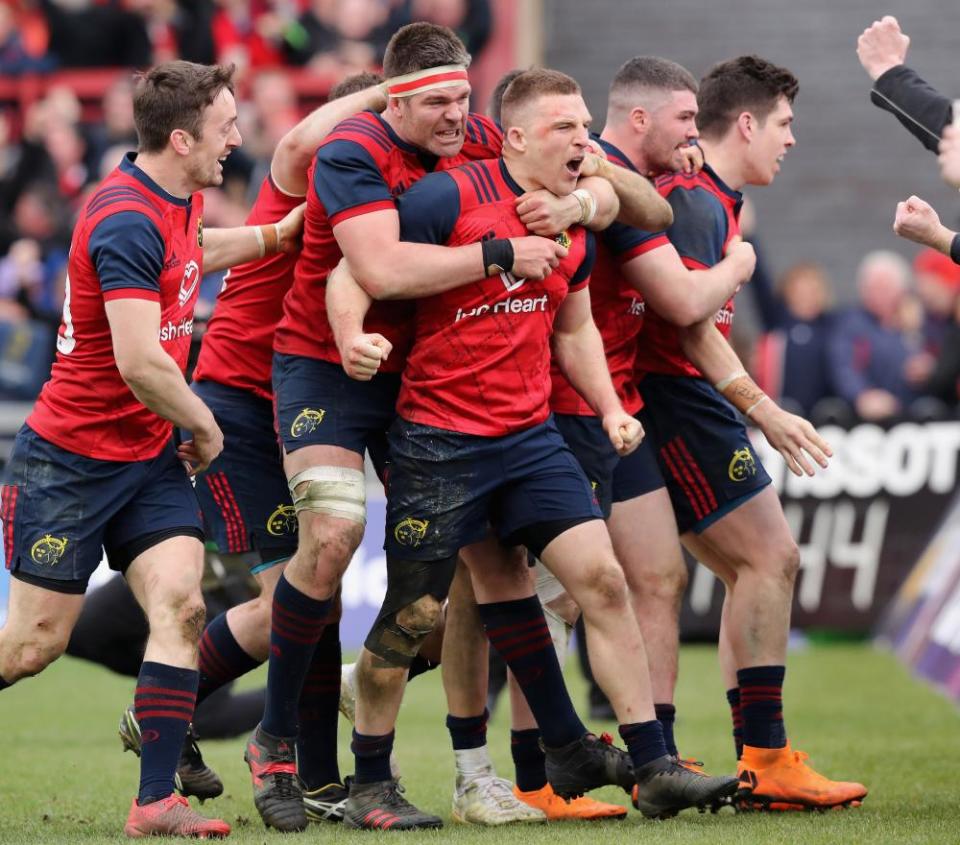 Andrew Conway and Munster celebrate their dramatic late quarter-final win.