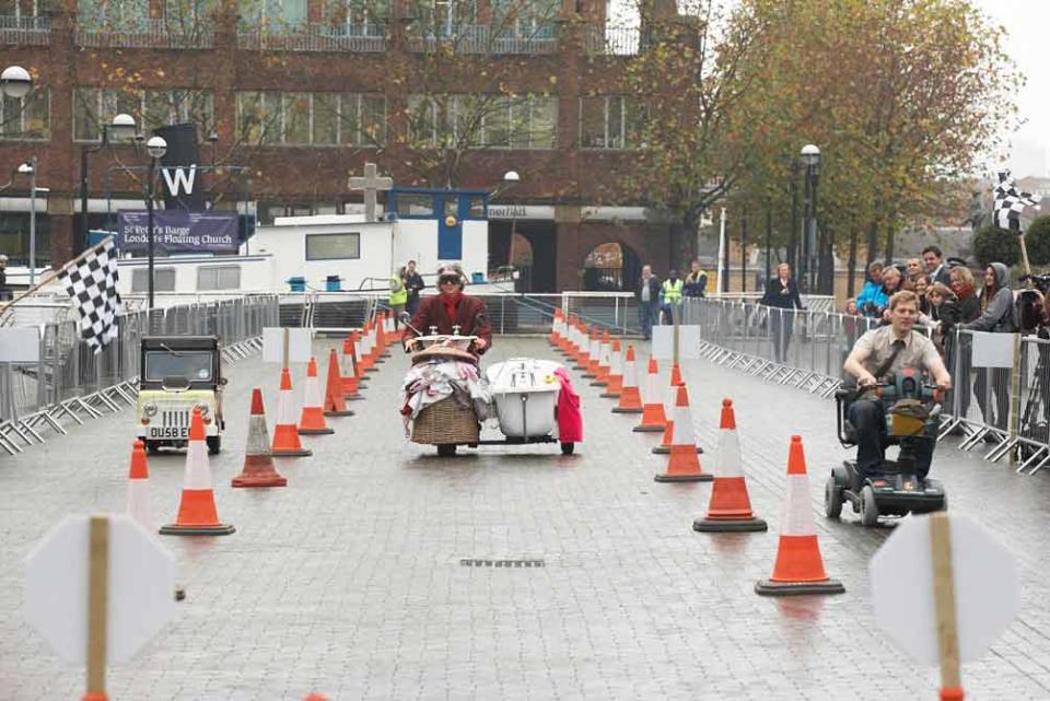 The mastermind record holders behind the Fastest toilet (Edd China), Fastest mobility scooter (Colin Furze) and the Smallest roadworthy car (Perry Watkins) race together for the first time ever at West India Quay, London. Photo:GWR