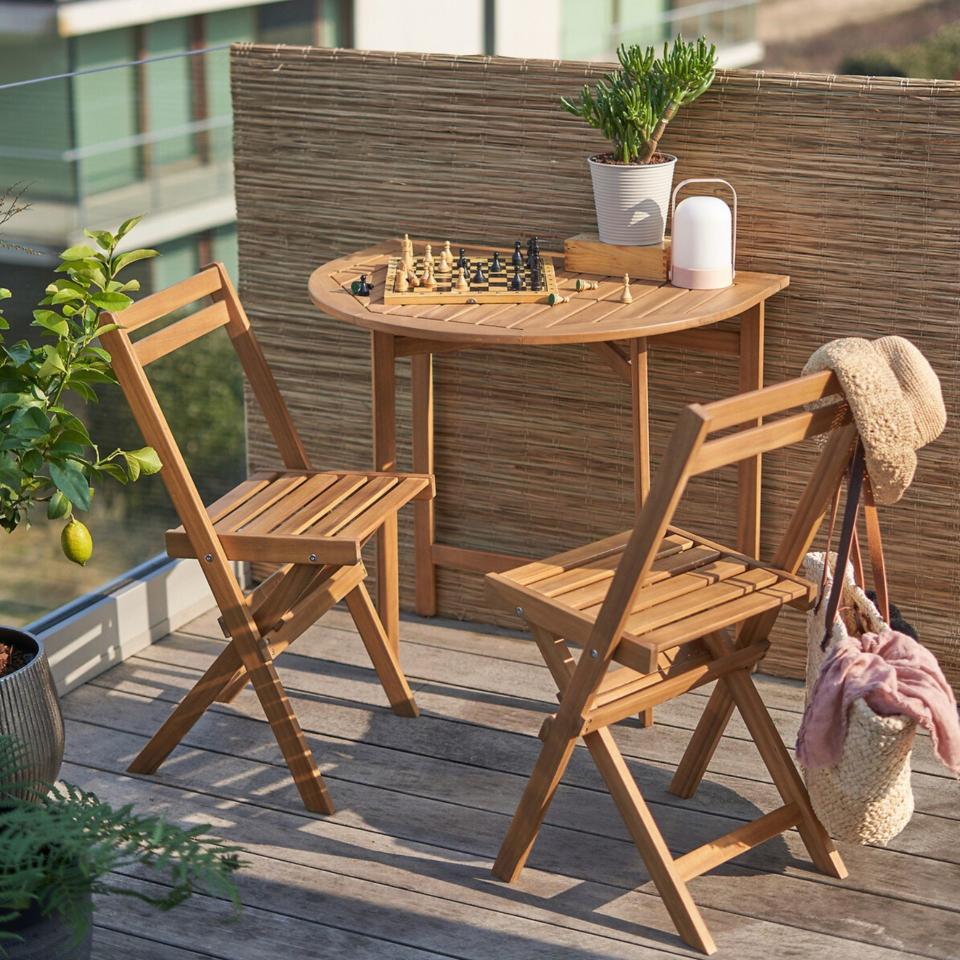 Set balcon avec table en demi-lune et deux chaises en acacia