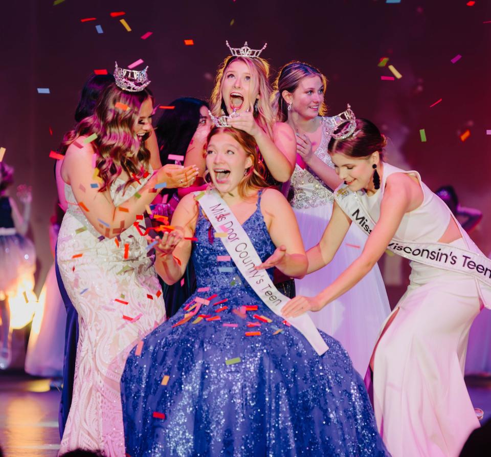 Miss Door County's Teen 2024 Emily Bley reacts as she is crowned by last year's winner, Kalei Klaubauf, during the Miss Door County pageant held Feb. 3 at Southern Door Community Auditorium. Also helping with the ceremony are Miss Door County 2023 Lindsay Schuh, left, and 2023 Miss Wisconsin's Teen, Trinity Horstman.