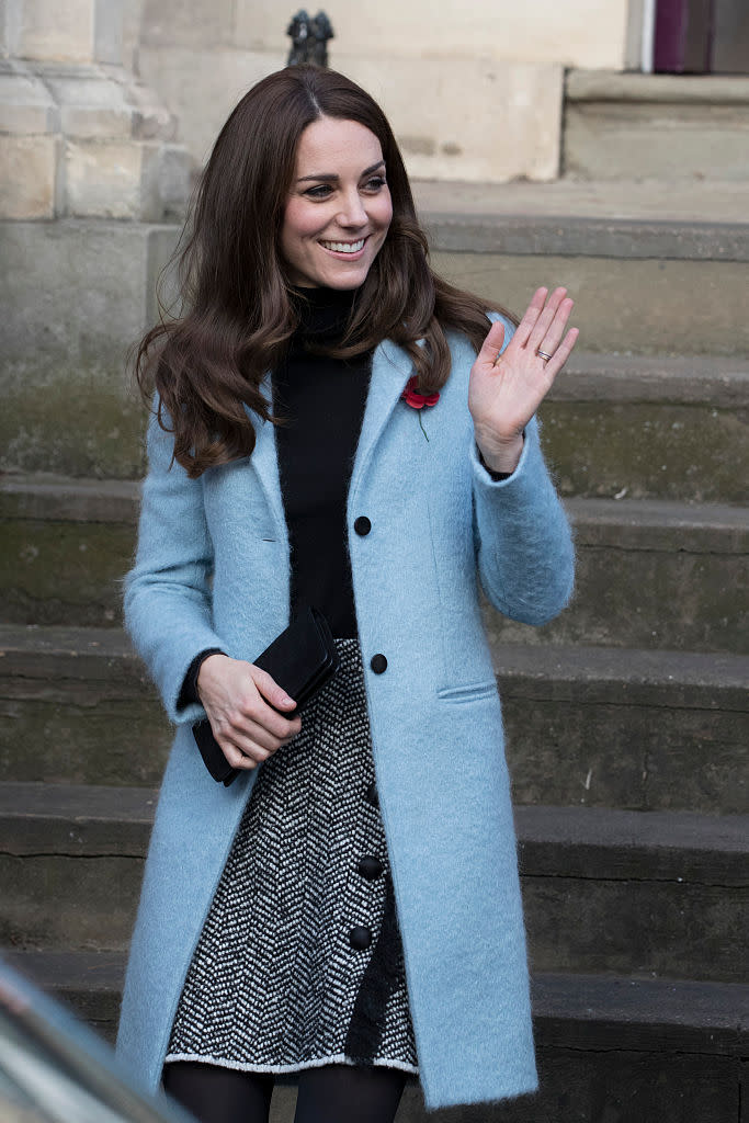 The Duchess of Cambridge in a sky blue Mulberry coat at the Nelson Trust Women’s Centre in Gloucester, England.