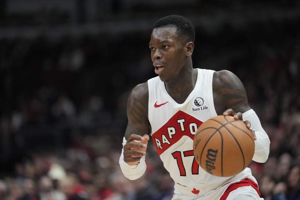 Toronto Raptors guard Dennis Schroder handles the ball during the second half of an NBA basketball game against the Chicago Bulls, Tuesday, Jan. 30, 2024, in Chicago. Toronto won 118-107. (AP Photo/Erin Hooley)