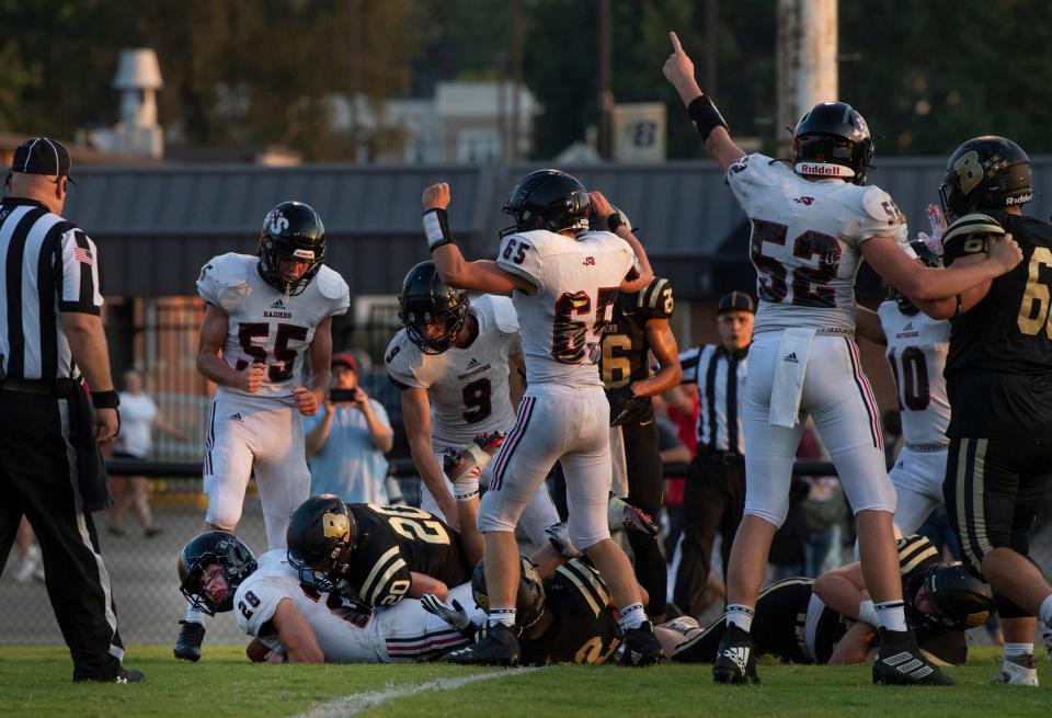 Southridge's Reid Schroeder (28) looks to the referee for the touchdown call against Boonville during their game at Bennett Field in Boonville, Ind., Friday night, Aug. 26, 2022. Southridge beat Boonville in a hot and humid dogfight 13-0.