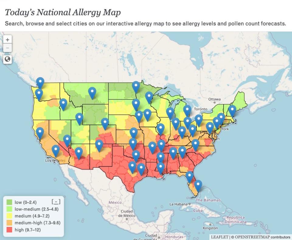 A map graph conducted by Pollen.com on March 12 revealed southern states including Texas, Oklahoma, Louisiana, Mississippi and Florida have endured “pollen bombs” at high levels of 9.7 to 12 pollen count. Pollen.com