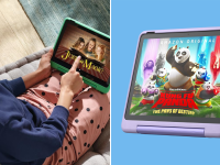 A child watching a movie on the Amazon Fire HD and a product image on the right displaying Kung Fu Panda on the screen.