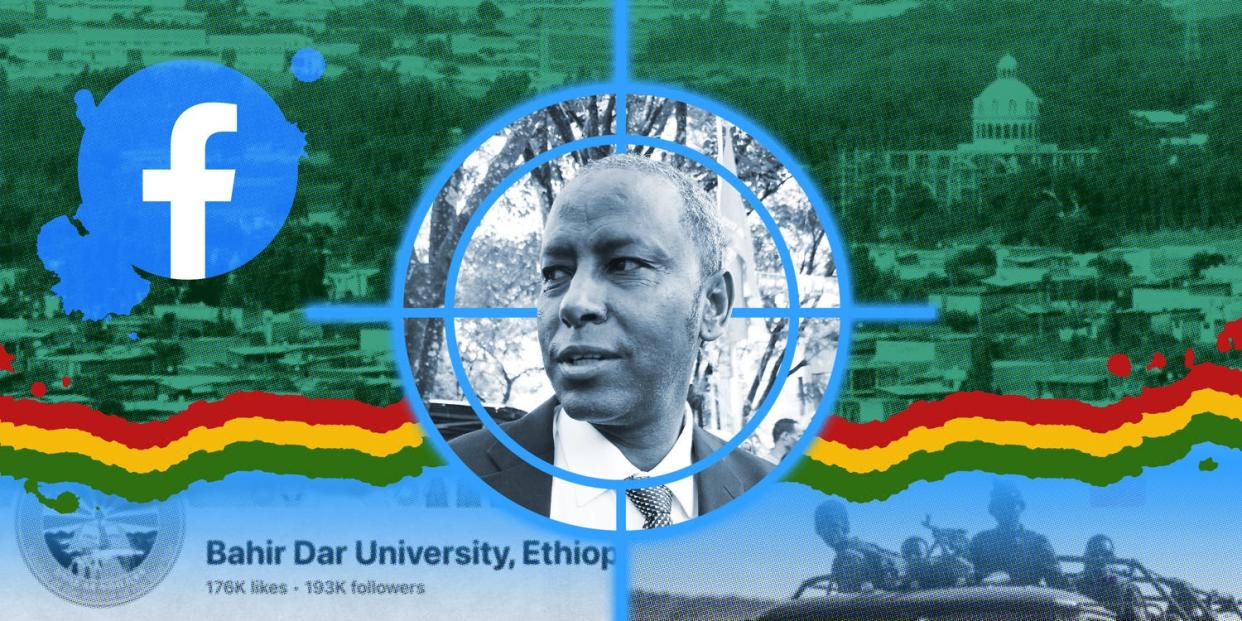 Slain professor  Meareg Amare is shown in a FB blue cross hairs. The facebook sits nearby and scenes from the Bahir Dar area are shown.