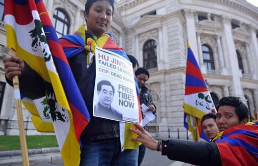 Free Tibet activists protest in Vienna during Chinese President Hu Jintao's visit. China pledged "active support" to debt-stricken Europe and said it was "convinced" the EU could work through its current debt crisis, as Hu visited Vienna on Monday ahead of a G20 meeting