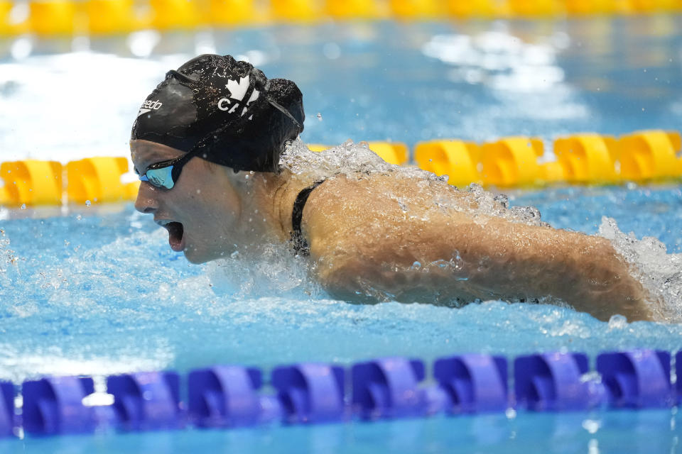 Canada's Summer McIntosh competes during the women's 200m butterfly final at the World Swimming Championships in Fukuoka, Japan, Thursday, July 27, 2023. (AP Photo/Lee Jin-man)