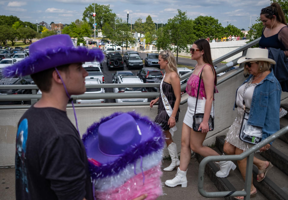 NASHVILLE, TN - MAY 06: Fans make their way to Nissan Stadium ahead of artist Taylor Swift's second night of performance on May 6, 2023 in Nashville, Tennessee. Thousands of fans traveled from across the country for Swift's three night stop in Nashville as her "Eras" tour continues. Fans attending the concert dressed according to their favorite Taylor Swift eras before the three hour show, featuring 44 of Swift's songs from her last 10 albums. (Photo by Seth Herald/Getty Images)