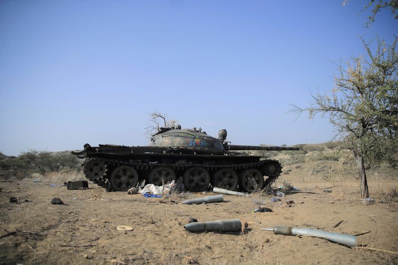 FILE PHOTO: Ammunition is seen next to a tank destroyed in a fight between the Ethiopian National Defence Force (ENDF) and the Tigray People's Liberation Front (TPLF) forces in Kasagita town