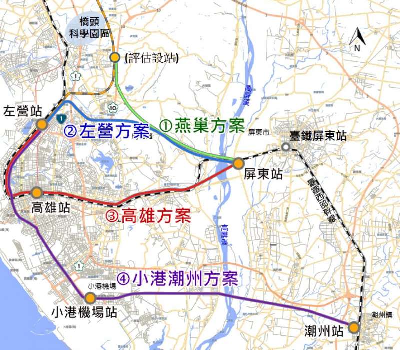 2019-07-11_高鐵南延屏東的4個路線方案。（交通部鐵道局提供）