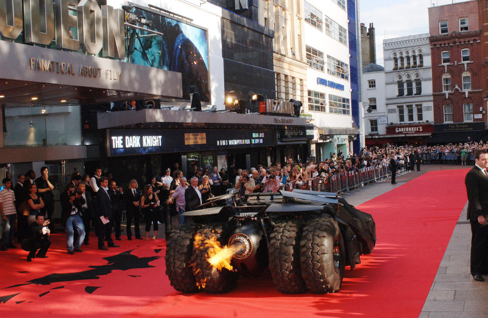 <p>The batmobile drives up the red carpet at the European Premiere of the new Batman film, 'The Dark Knight' on July 21, 2008 at the Odeon Leicester Square in London, England. (Photo by Samir Hussein/Getty Images)</p> 