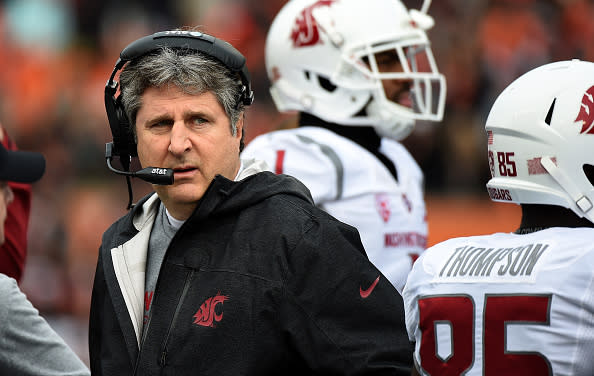 Head coach Mike Leach looks on from the sidelines during the first quarter of the of the Washington State Cougars' game against the Oregon State Beavers at Reser Stadium on November 8, 2014 in Corvallis, Oregon. / Credit: Photo by Steve Dykes/Getty Images