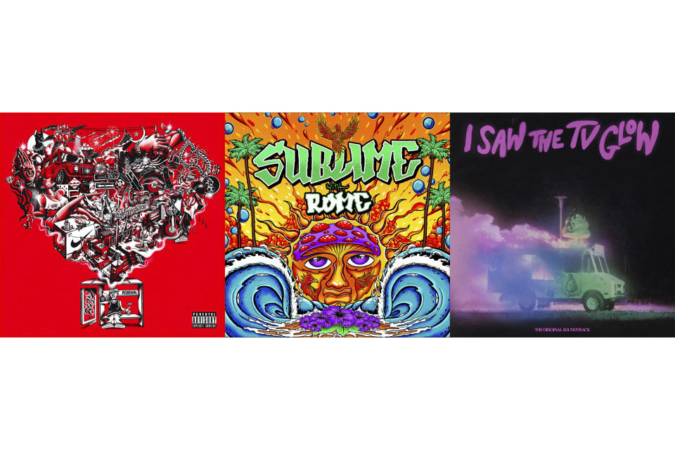 This combination of album covers shows “El Cantante Del Ghetto” by Ryan Castro, left, a self-titled album by Sublime with Rome, center, and the original soundtrack for the film "I Saw the TV Glow." (Sony/5 Music International/A24 Music via AP)