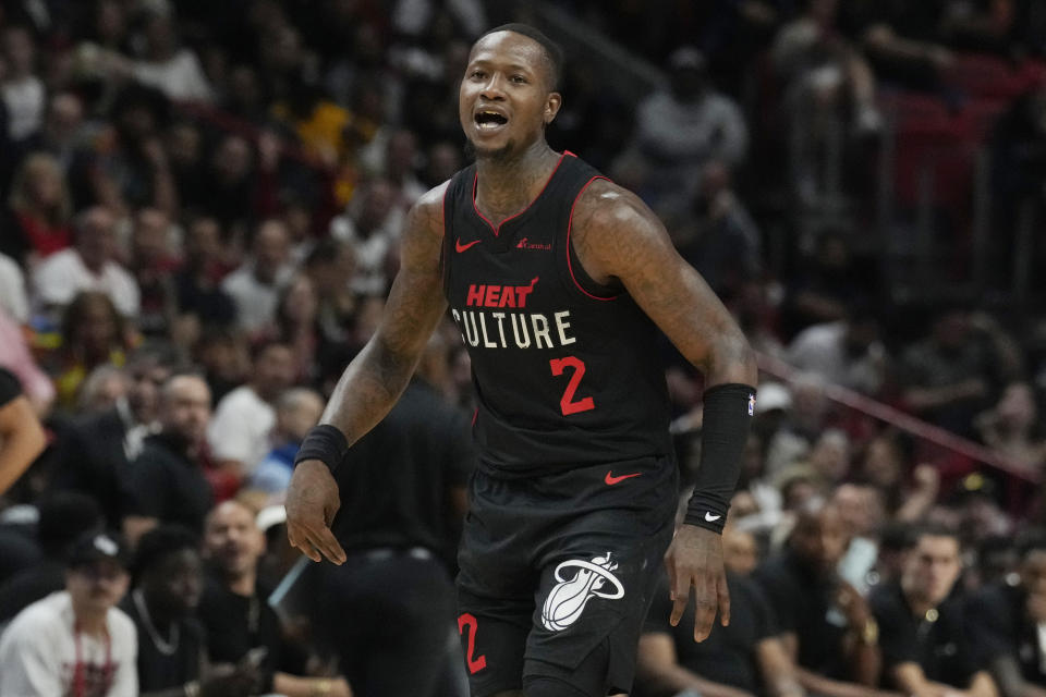 Miami Heat guard Terry Rozier (2) gestures during the first half of an NBA basketball game against the Memphis Grizzlies, Wednesday, Jan. 24, 2024, in Miami. (AP Photo/Marta Lavandier)